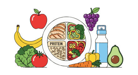 Flat vector illustration of balanced diet concept with fruits, vegetables, water bottle, and healthy meal plate. Clean flat style, bold solid colors, minimalist design, isolated on white background