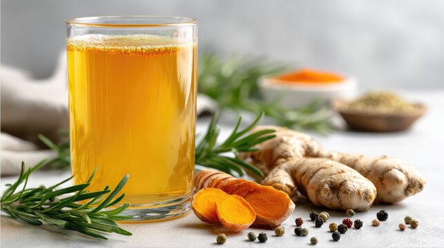 Golden drink surrounded by spices and herbs