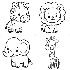 Cartoon animals in a grid featuring a zebra lion elephant and giraffe in a cute and simple style outline