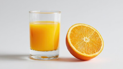 A shot glass of orange juice beside a sliced orange