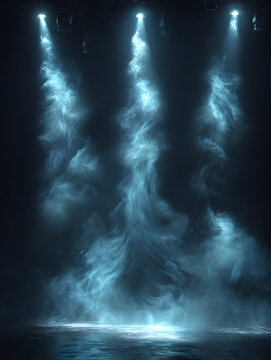 An image of three stage spotlights with smoke and hae on a black background. Te lights are pointed down nd create a dramatic effec