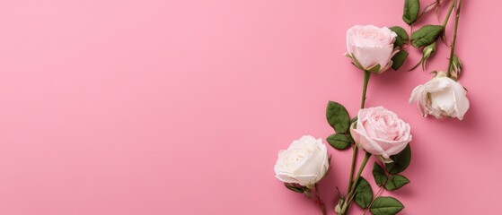 Fototapeta premium Elegant bouquet of pink and white roses arranged on pastel pink background perfect for romantic and floral themes