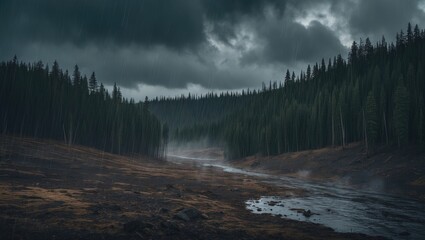 Fototapeta premium A forested landscape with a river, dark clouds, and mist, depicting a natural environment and weather conditions.