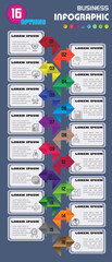 Business infographic template with 16 colorful steps. This vertical timeline design uses origami-style arrows and icons. Ideal for data visualization, process diagrams, workflow charts, and presentati
