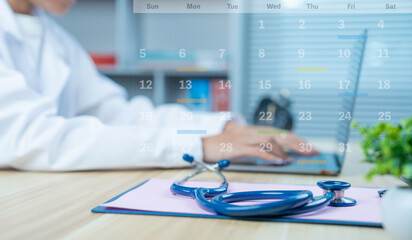 Medical staff with virtual digital calendar on laptop to plan patient treatment and follow up in hospital. Appointment scheduler agenda calendar organizer planner time management concept.