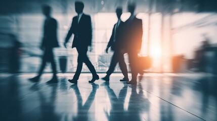 Modern busy airport terminal with travelers walking du sunset, motion blur urban transportation scene