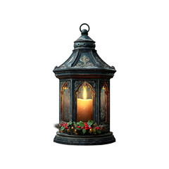 Antique Lantern with Burning Candle and Christmas Holly Decoration - Festive Winter Illumination