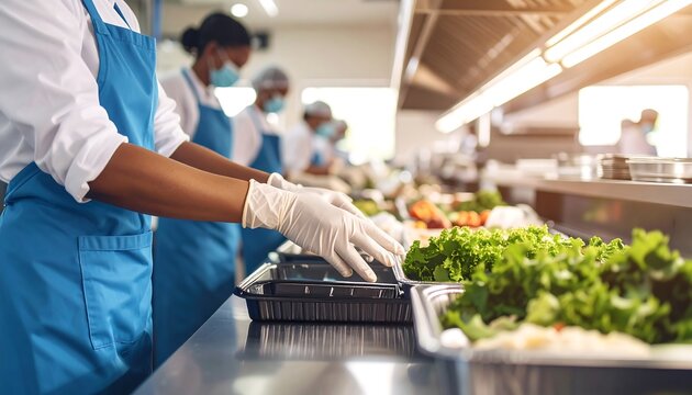 Kitchen staff prepping meals with focus on gloves and salad, commercial kitchen, and daytime.