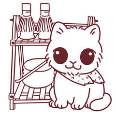 Cute Cat and Matcha Line Art, Cozy Home Cafe Coloring Page