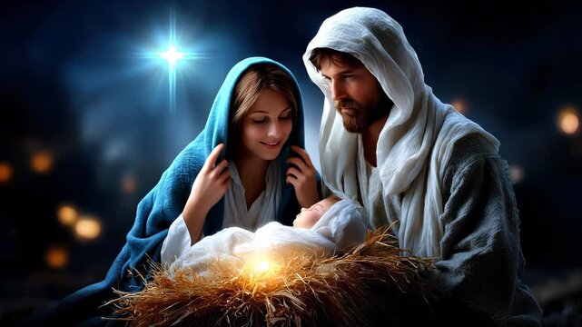 Christmas spiritual Nativity scene, holy family embracing newborn infant under shining Star of Bethlehem, peaceful sacred night setting.