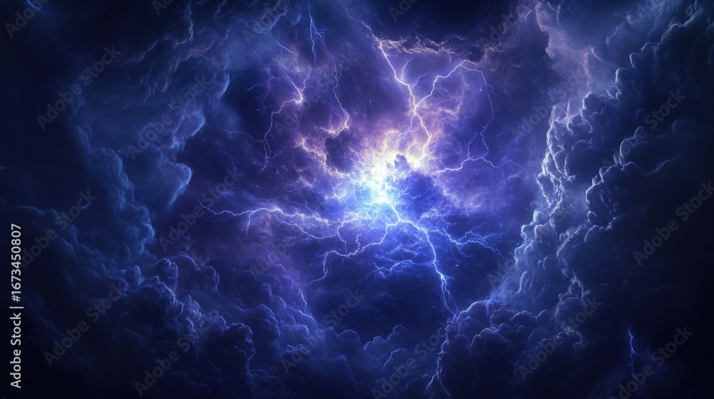 Poster A dramatic sky filled with dark clouds illuminated by bright flashes of lightning, creating an intense and atmospheric scene.