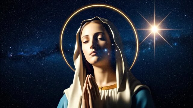 Blessed Virgin Mary in prayer, reverently contemplating the bright Star of Bethlehem in the vast cosmic night sky, a holy religious Christmas scene.