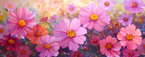 Artystyczny, impresjonistyczny obraz przedstawiający łąkę pełną kolorowych kwiatów kosmosu. Radosne, letnie tło idealne jako baner.