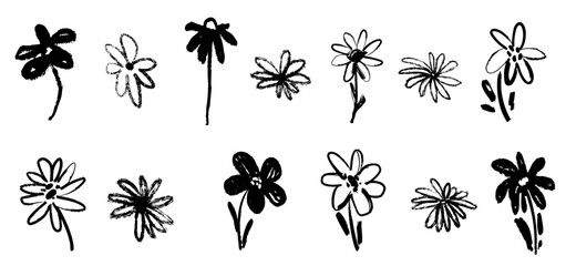 Flower vector brush crayon charcoal sketch floral  arrangement hand drawn in simple doodle style. Grunge botanical wedding, party decoration silhouette collection.