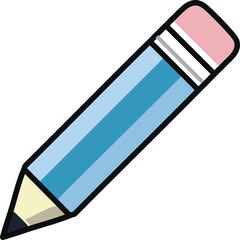 Illustration of a blue pencil with a pink eraser and a black tip, angled on a white background.