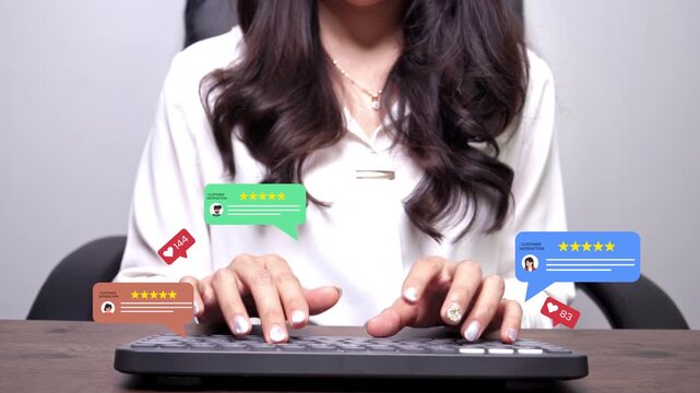 Customer satisfaction concept showing a business manager on a laptop receiving excellent 5-star ratings and positive online reviews, illustrating great customer feedback and reputation management.