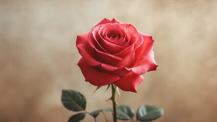 Obraz premium A single red rose flower with green leaves against a neutral background.