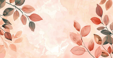 Botaniczne tło w modnych kolorach różowego złota i terakoty. Subtelne akwarelowe liście na baner lub zaproszenie ślubne.