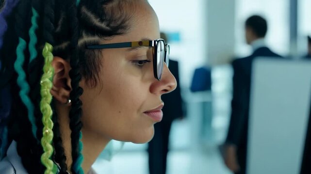 Young Caucasian woman with multi colored dread locks in front of laptop monitor in office. The woman works late, her laptop glowing as her colorful dreadlocks catch the office light.