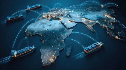 Global shipping network. Illuminated world map with cargo ships connected by glowing lines