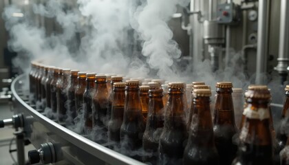 Bottled beverages move along a conveyor belt in a factory setting, surrounded by steam.