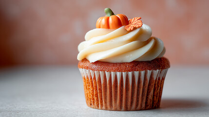 A cupcake with layered ivory frosting swirls, topped with a mini pumpkin and leaf, on a warm, cozy autumn backdrop.