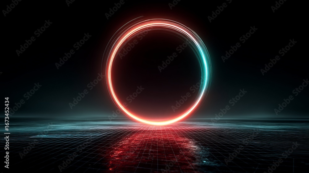 Poster spinning neon ring of red and teal light streaks over digital mesh floor with subtle glow, futuristi