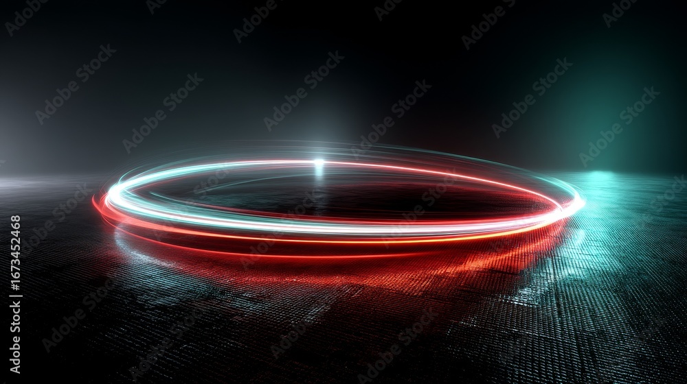 Poster spinning neon ring of red and teal light streaks over digital mesh floor with subtle glow, futuristi