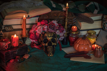 Halloween Pumpkin and other orange Candles, Autumn decoration, or mystical stuff