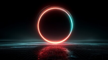 Spinning neon ring of red and teal light streaks over digital mesh floor with subtle glow, futuristic abstract concept with dynamic lighting and creative empty space for design