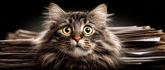 Cute long-haired tabby cat with wide eyes resting on pile of papers in dark background