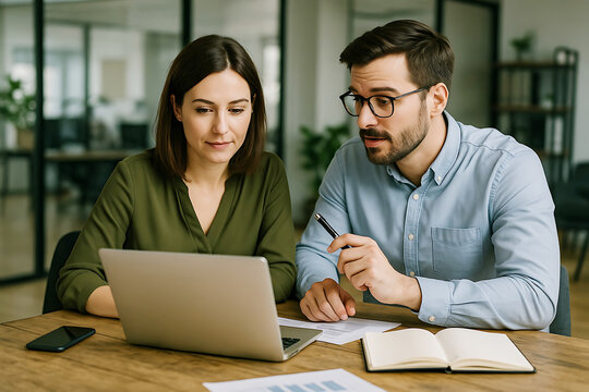 Man and woman collaborating on a laptop in a modern office setting business meeting