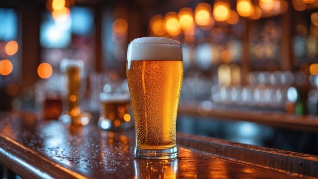A glass of beer on a bar counter with blurred background of bar lights. Refreshing drink, hospitality, and nightlife theme. Alcoholic beverage served in a pub or bar.