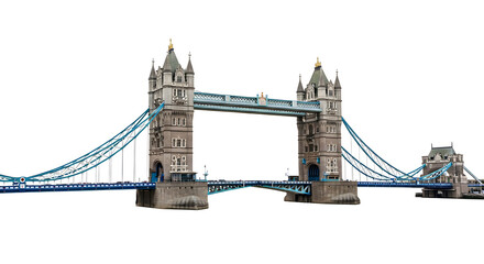 Detailed architectural model of an iconic Victorian suspension bridge, a famous London landmark, meticulously crafted and presented against a clean white background