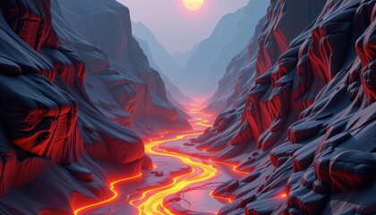 A dreamlike canyon where rivers of molten glass carve valleys