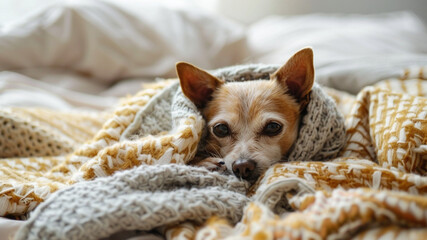 Cozy dog wrapped in blankets on a bed enjoying a warm afternoon at home, generative ai