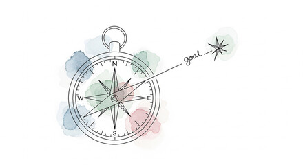 A simple compass and the word GOAL, drawn in textured watercolor, pointing in the direction of your goal