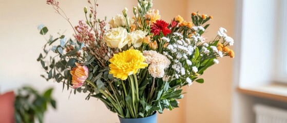Obraz premium Colorful bouquet, mix of flowers arranged in vivid pattern.