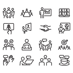 A collection of meeting icons. Thin line style vectors. Contains icons such as online meetings, meeting rooms, and more.
