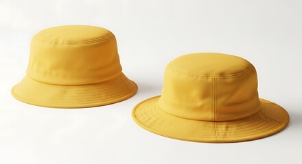 Fototapeta premium Two yellow bucket hats are displayed against a white background in a studio setting.