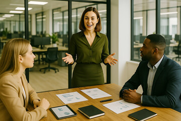Woman in olive green shirt presenting to colleagues at a wooden table with documents business meeting
