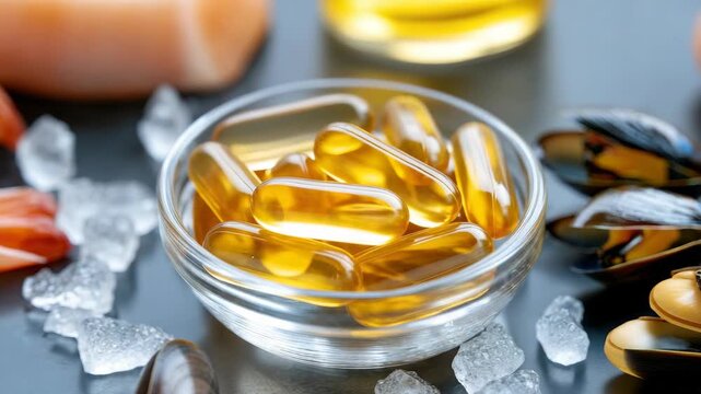 Omega-3 fish oil capsules in glass bowl surrounded by seafood