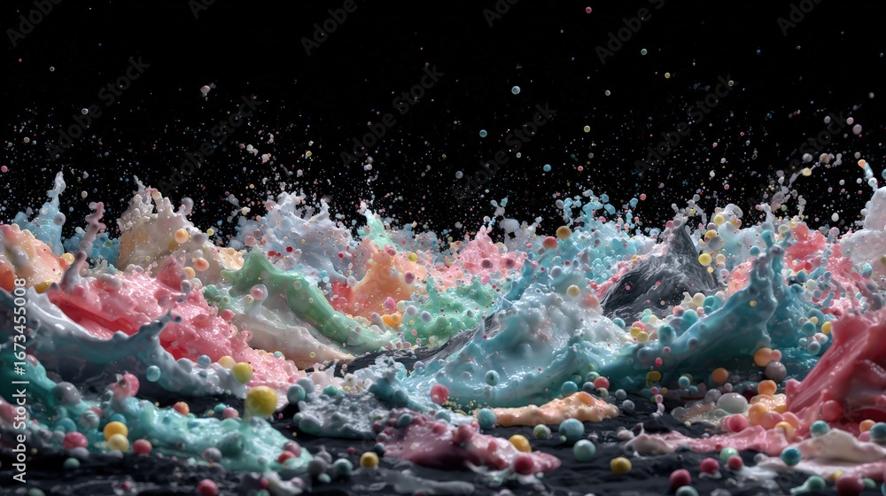 Poster vibrant colored paint splashes erupting and scatte dynamically on black background creating energeti