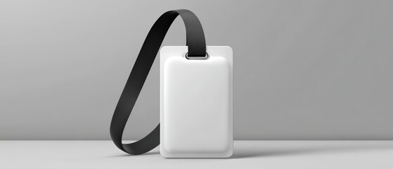 Minimalist white identification badge with black lanyard on plain gray background for security and access control