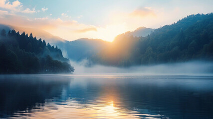 Sunrise over misty mountains reflecting on calm lake water in serene morning light, generative ai