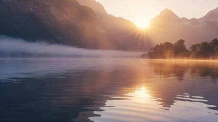 Sunrise over misty mountains reflecting on calm lake water in serene morning light, generative ai