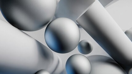 Metallic 3D geometric shapes composition with spheres and cylinders, tech design visualization element, modern industrial concept for product design and architectural rendering.