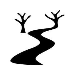 Abstract landscape illustration depicting a winding river with barren trees
