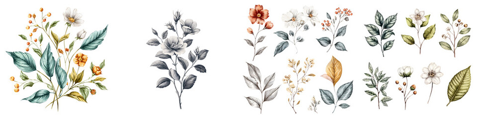 Fototapeta premium Botanical Watercolor Set: Flowers, Leaves, and Herbs Illustration