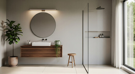 Modern bathroom with a large round mirror and walkin shower